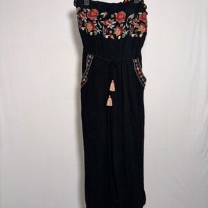 American Eagle Floral Embroidered Strapless Jumpsuit Black Large Long Tassels